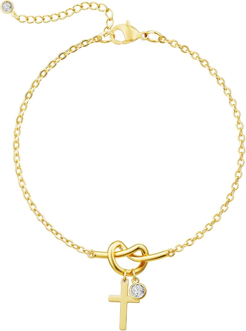 Moodear Valentines Day Gifts for Her, Dainty 925 Sterling Silver/14k Gold Plated CZ Cross Bracelet Layered Snake Pearl Chain Knot Bracelets for Women Trendy Religious Christian Jewelry - Image 1